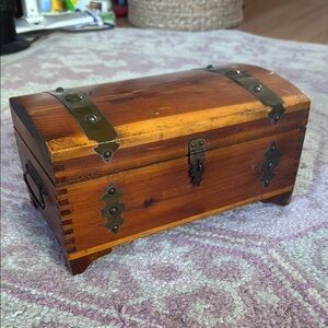 Vintage Brass Inlay Wooden Treasure Chest Box-Dovetail